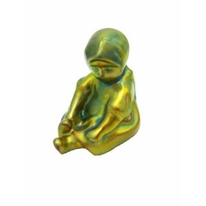 Zsolnay Hungary Iridescent Eosin Green Art Pottery Figurine Sitting Girl 1930's